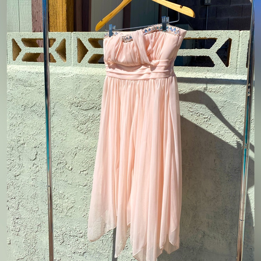 Light pink/cream short strapless dress w/crystals. Bridesmaid/homecoming.